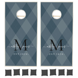 Teal Argyle Black Monogram Newlywed Cornhole Set