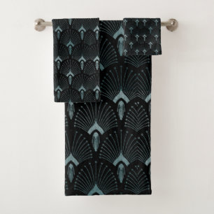 Teal Art Deco,art nouveau pattern, art deco black Bath Towel Set