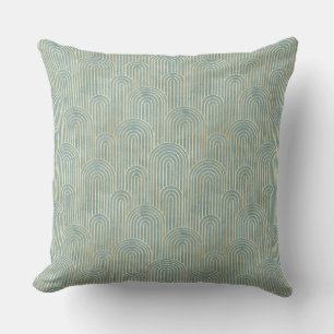 teal ,art deco, fan pattern,teal,gold,deco,metalli outdoor pillow