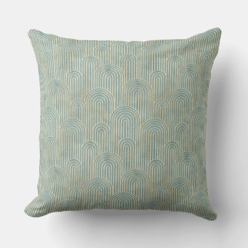 teal art deco fan patterntealgolddecometalli outdoor pillow