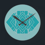 Teal Art Deco Quilt Inspired Round Clock<br><div class="desc">This clock, has an art deco quilt-inspired design of diamond shapes and a rectangle, both in teal and silver, on a field of lighter teal.</div>