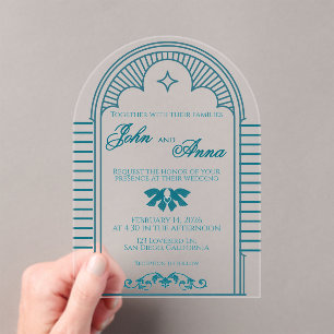 Teal Art Deco Vintage Clear Wedding Invitation