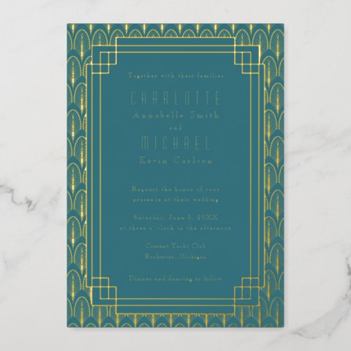 Teal Art Deco Vintage gold Foil Invitation