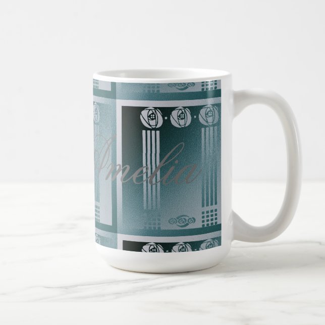 Teal Art nouveau,Charles Mackintosh, rose design r Coffee Mug (Right)
