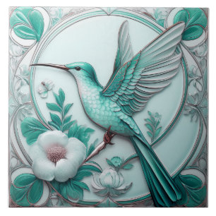 Teal Art Nouveau floral hummingbird faux relief Ceramic Tile