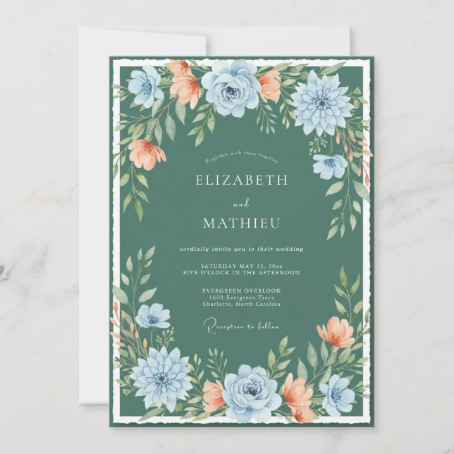 Teal Artistic Floral Flourish Wedding Invitation (Front)