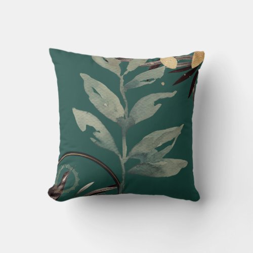 Teal Artistic Watercolor Leaves Throw Pillow