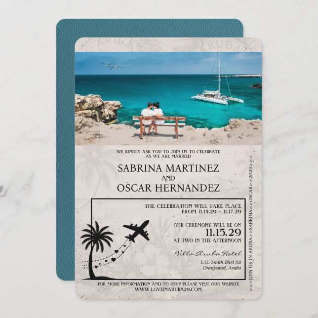 Teal Aruba Passport Wedding Invitation (Front/Back)