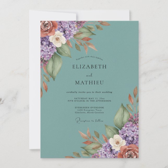 Teal Atmospheric Botanical Wedding Invitation (Front)