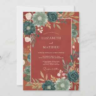 Teal Autumn Floral Accent Wedding Invitation