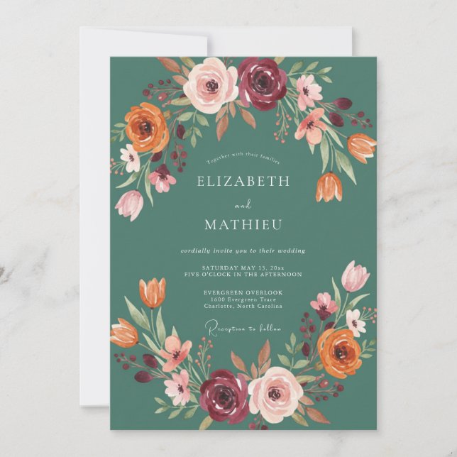Teal Autumn Floral Flourish Wedding Invitation (Front)