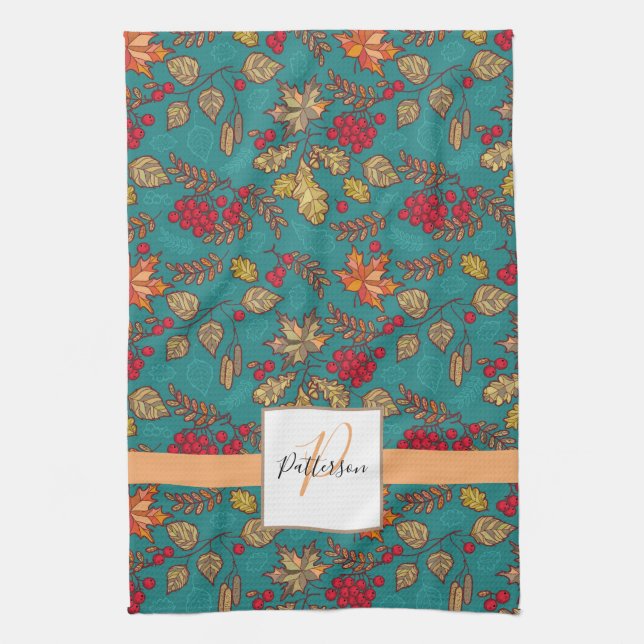 Teal Autumn Foliage Family Name Kitchen Towel (Vertical)
