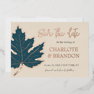 Teal Autumn Maple Leaf Wedding Save The Date   Foil Invitation