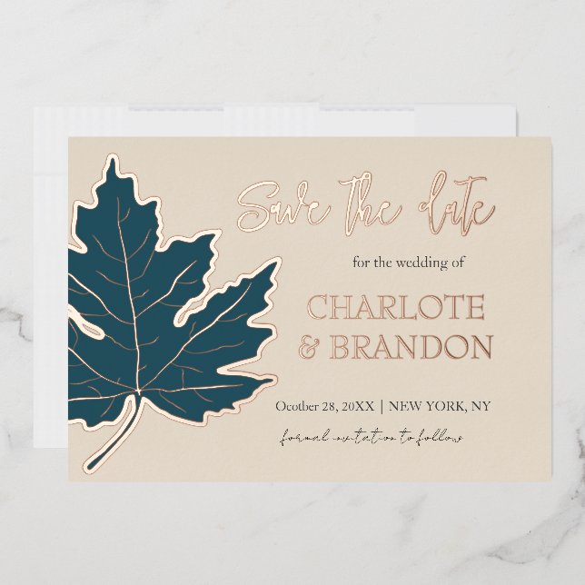 Teal Autumn Maple Leaf Wedding Save The Date   Foil Invitation (Envelope)