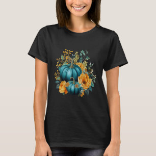 Teal Autumn Pumpkin Floral Fall Harvest Foliage T-Shirt