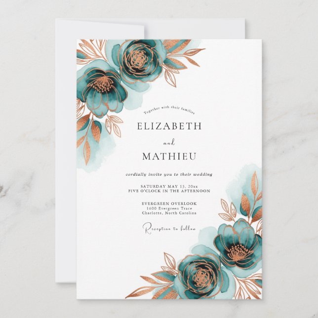 Teal Autumnal Bloom Wedding Invitation (Front)