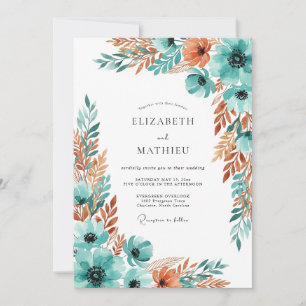 Teal Autumnal Blossom Wedding Invitation