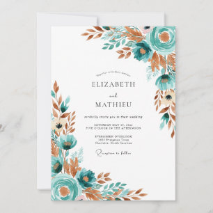 Teal Autumnal Floral Romance Wedding Invitation
