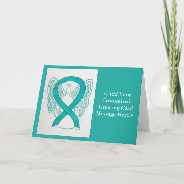 Teal Awareness Ribbon Angel Art Customized Cards (Front)
