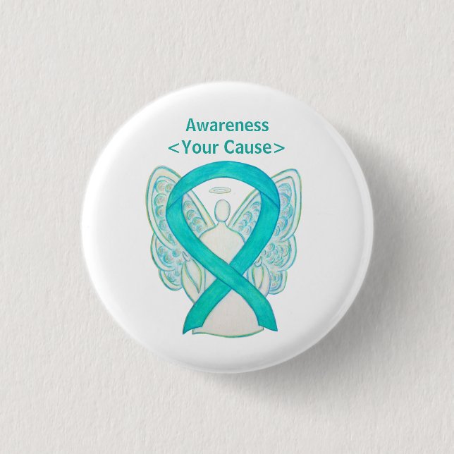 Teal Awareness Ribbon Custom Angel Art Pin Button (Front)