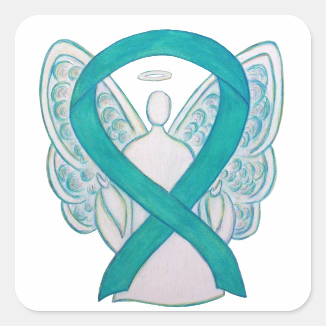Teal Awareness Ribbon Custom Angel Sticker Decals (Front)
