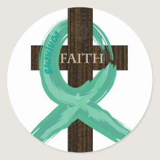 Teal Awareness Ribbon on Cross Classic Round Sticker