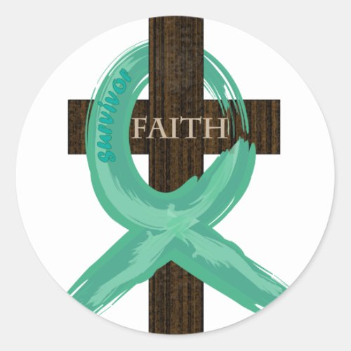 Teal Awareness Ribbon on Cross Classic Round Sticker
