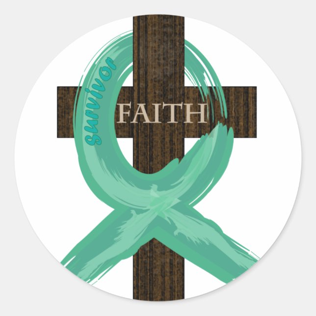 Teal Awareness Ribbon on Cross Classic Round Sticker (Front)