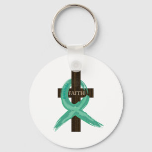 Teal Awareness Ribbon on Cross Keychain