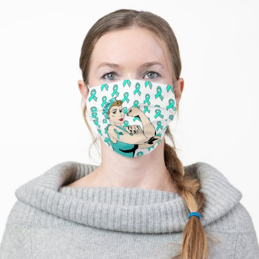 Teal Awareness Ribbon Retro Strong Lady Adult Cloth Face Mask (Worn)