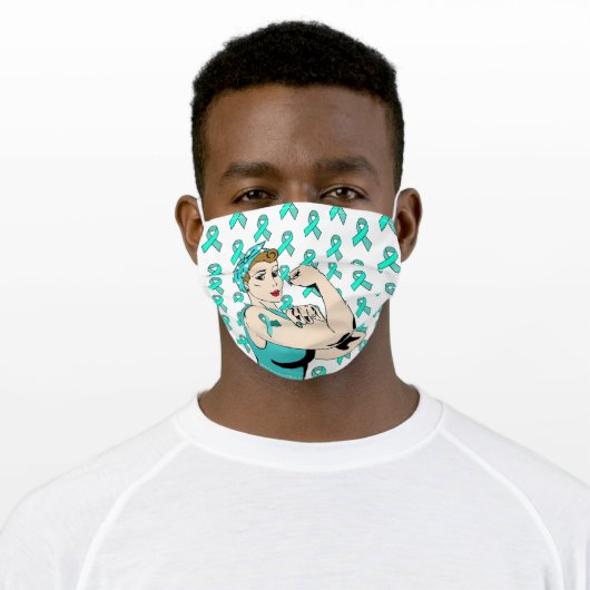 Teal Awareness Ribbon Retro Strong Lady Adult Cloth Face Mask (Worn)