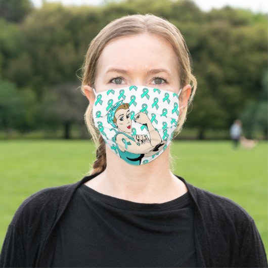 Teal Awareness Ribbon Retro Strong Lady Adult Cloth Face Mask (Outside)