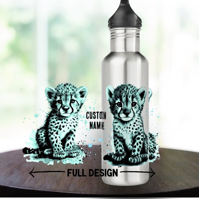 Teal Baby Cheetah Child's name  Stainless Steel Water Bottle (Creator Uploaded)