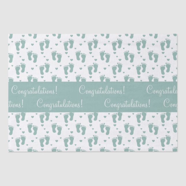 Teal Baby Footprints and Hearts Tissue Paper (Front)