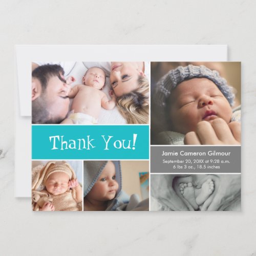 Teal Baby Photo Collage Birth Stats Thank You Card