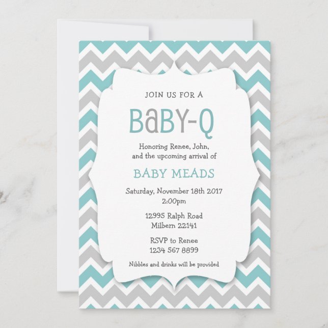 Teal Baby Q invite / neutral gender baby shower (Front)