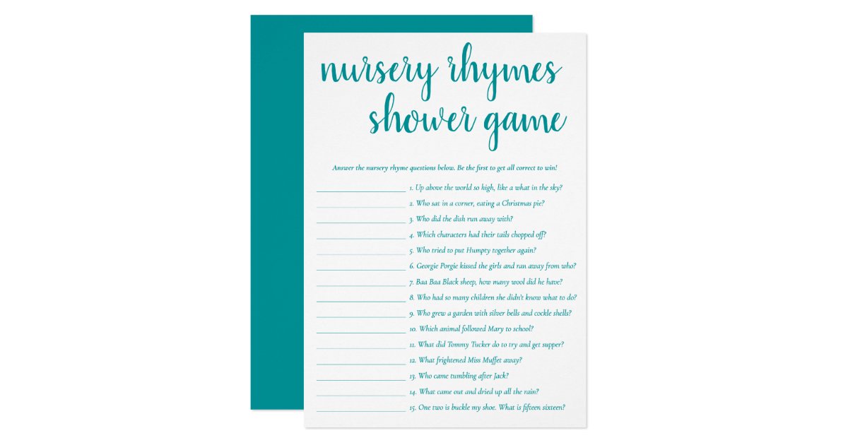 Teal Baby Shower Aqua Nursery Rhymes Game Card Zazzle Com