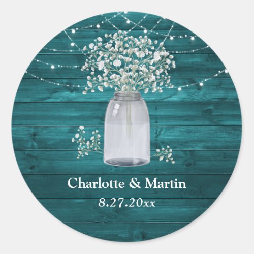 Teal Babys Breath Mason Jar Rustic Wood Wedding Classic Round Sticker