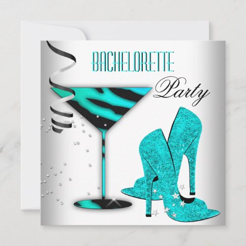 Teal Bachelorette White High Heel Shoes Personalized Invite