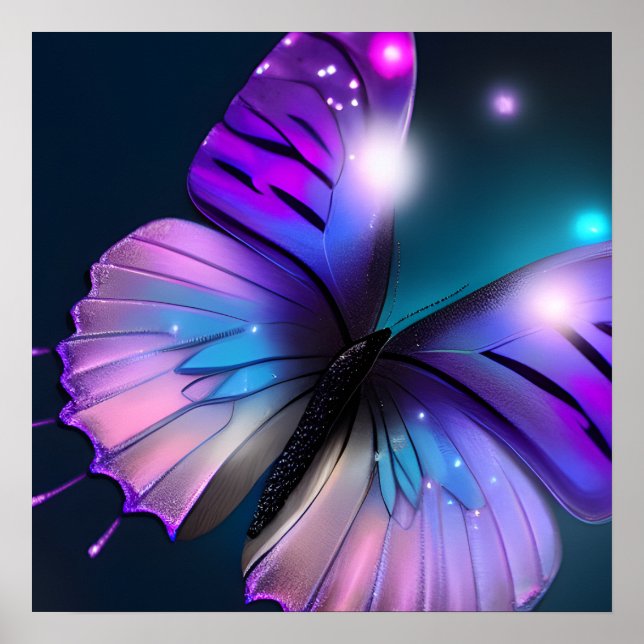 Teal Background Purple Butterfly Poster (Front)