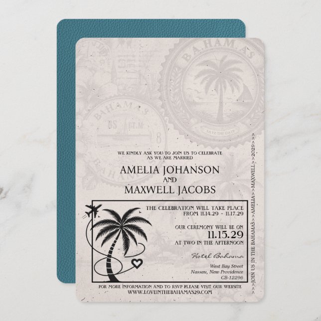 Teal Bahamas Passport Wedding Invitation (Front/Back)