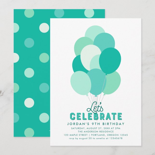 Teal Balloons Any Age Birthday Party Invitation (Front/Back)