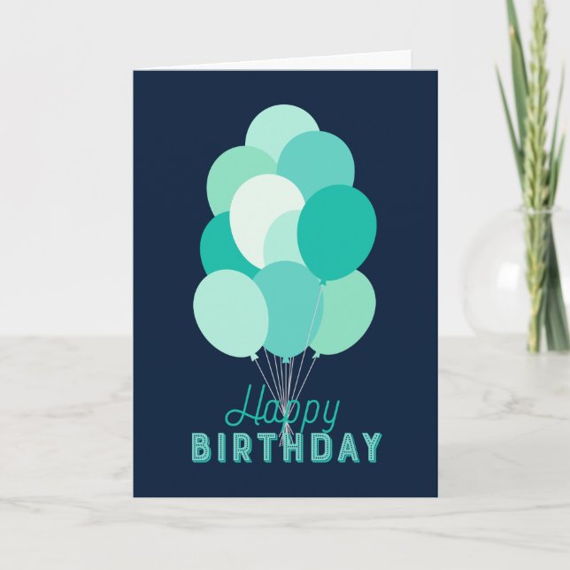 Teal Balloons Blue Happy Birthday Card (Front)