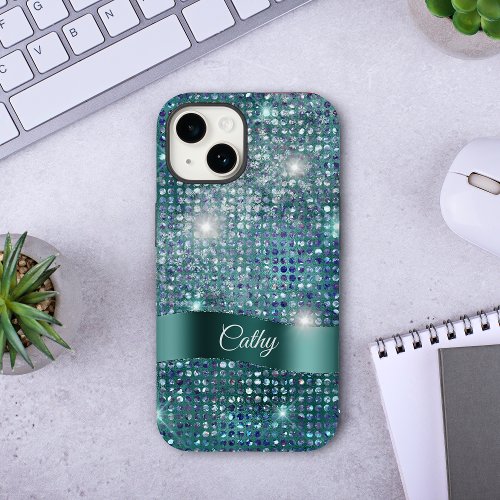 Teal Banner Sparkle Blue Gem Glam Case_Mate iPhone 14 Case