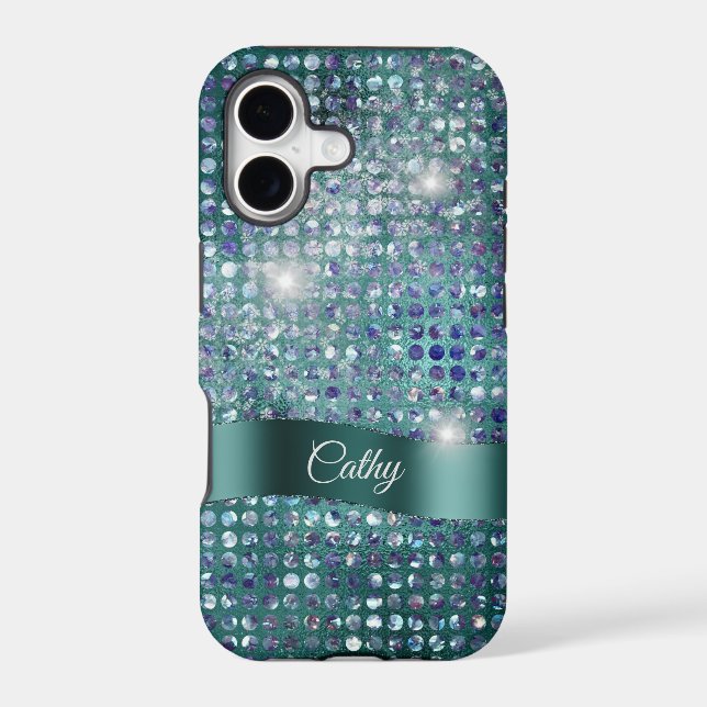 Teal Banner Sparkle Blue Gem Glam iPhone Case (Back)