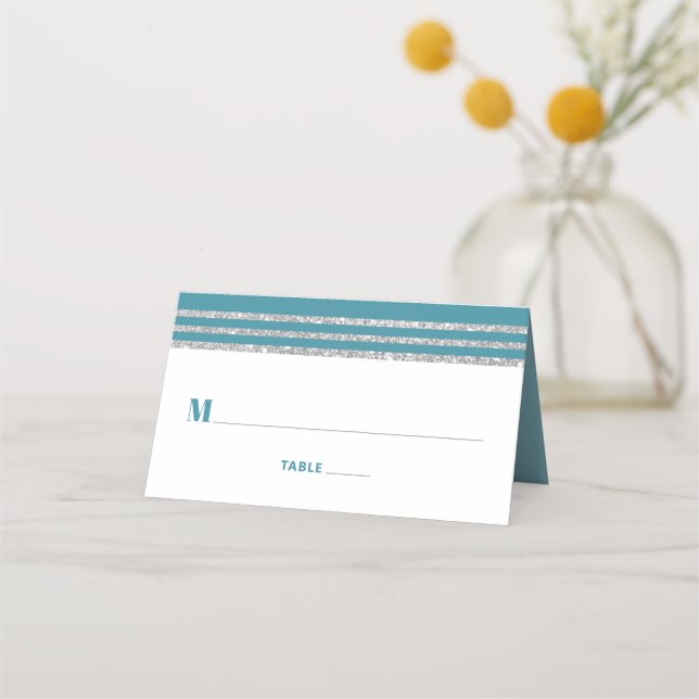 Teal Bar Mitzvah Silver Tallit Script Modern Bold Place Card (Front)