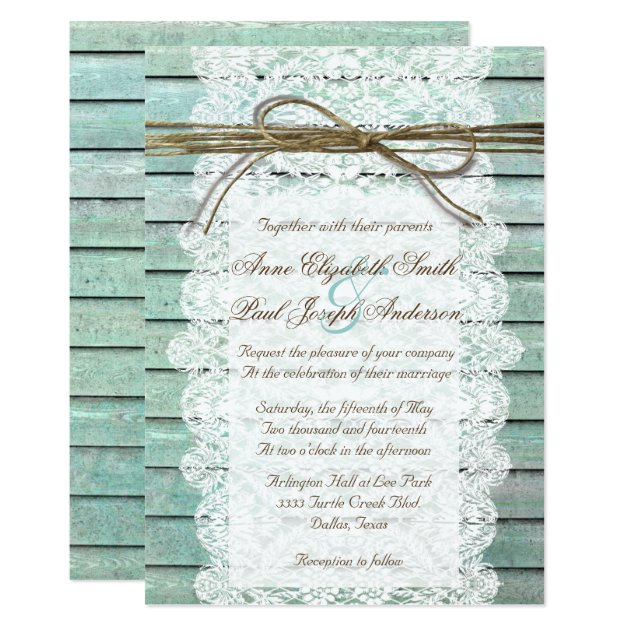 Teal Barn Wood And Lace Wedding Invitations