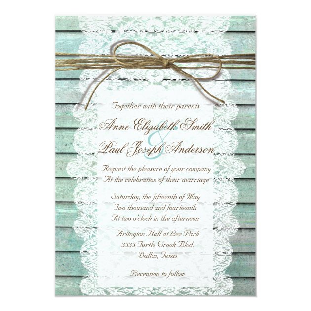 Teal Barn Wood And Lace Wedding Invitations