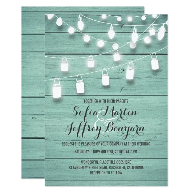 Teal Barn Wood And Mason Jar Lights Wedding Invitation