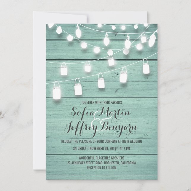 Teal Barn Wood and Mason Jar Lights Wedding Invitation (Front)